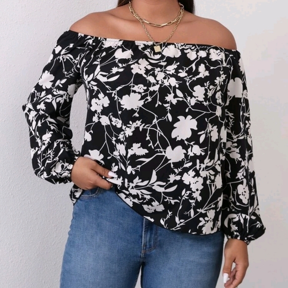 New! Back & White Floral Print Off Shoulder Bishop Sleeve Blouse 2XL/16 NWOT - Picture 1 of 5